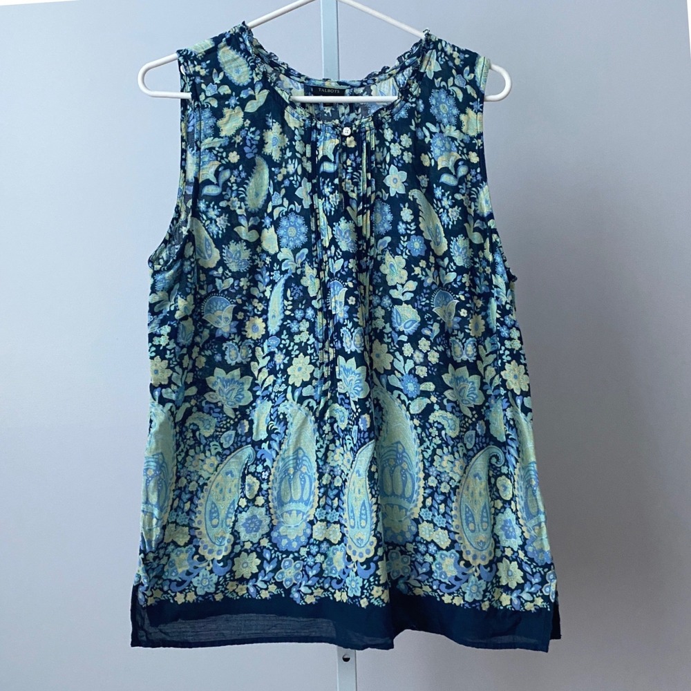 Talbots Cotton Boho Coastal Relaxed Lagenlook Paisley Sleeveless Shell L Blue